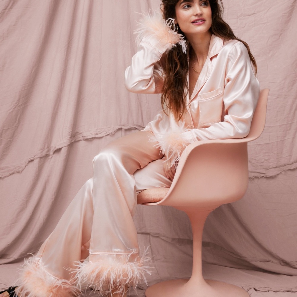 Pink satin + feather pajamas